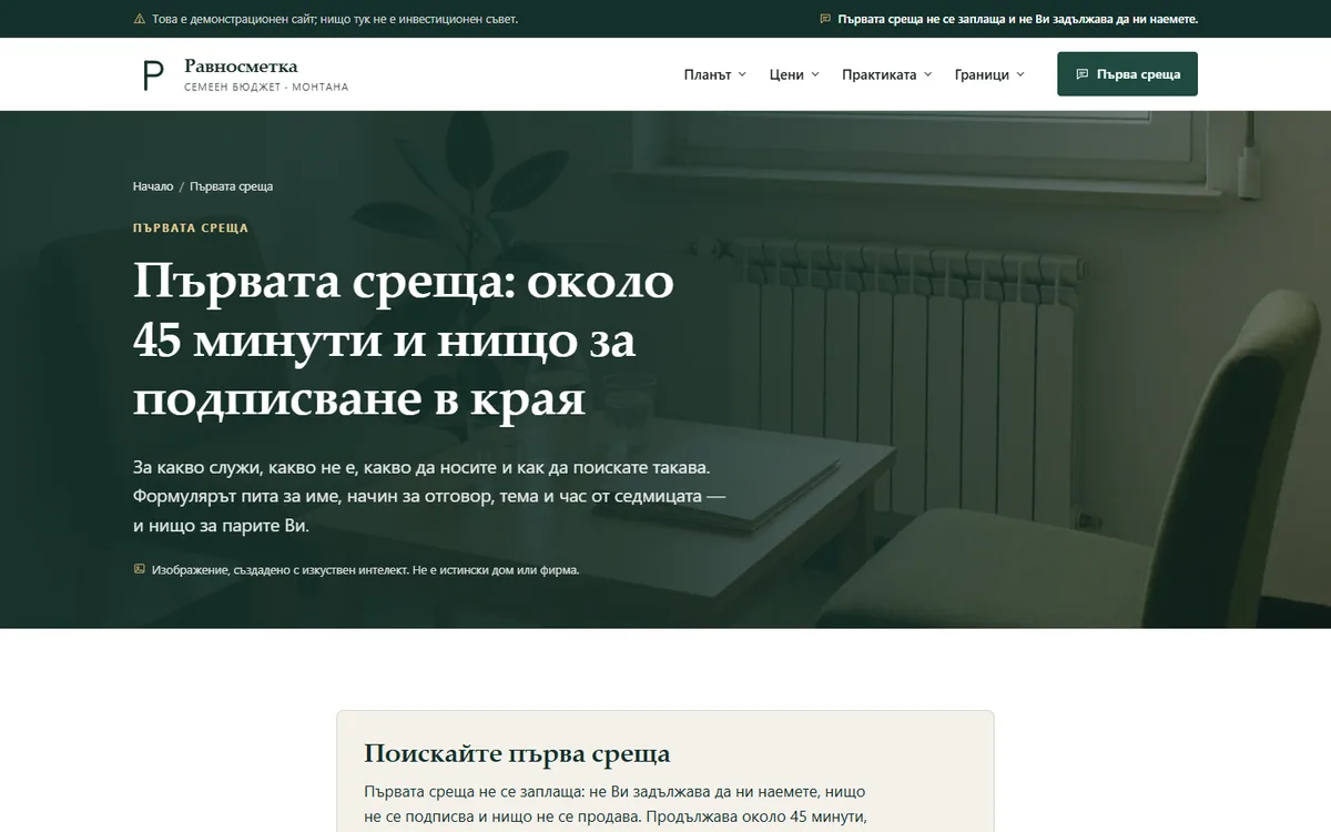 Първата среща и формулярът за запитване от демонстрационния сайт за консултант по семеен бюджет — Семеен бюджет „Равносметка“