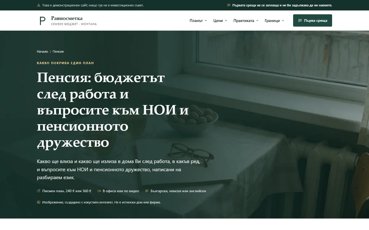 Пенсия и бюджет — въпросите към НОИ и пенсионното дружество от демонстрационния сайт за консултант по семеен бюджет — Семеен бюджет „Равносметка“
