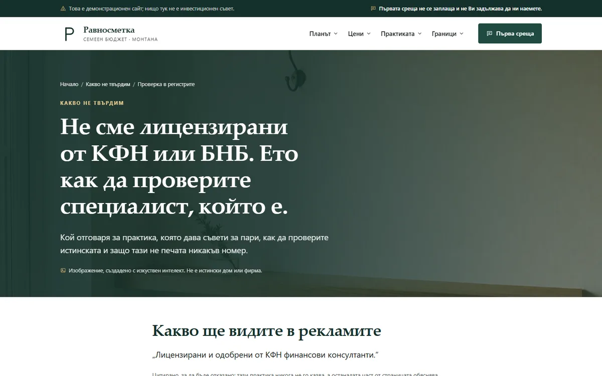 Не сме лицензирани от КФН или БНБ — как да проверите от демонстрационния сайт за консултант по семеен бюджет — Семеен бюджет „Равносметка“