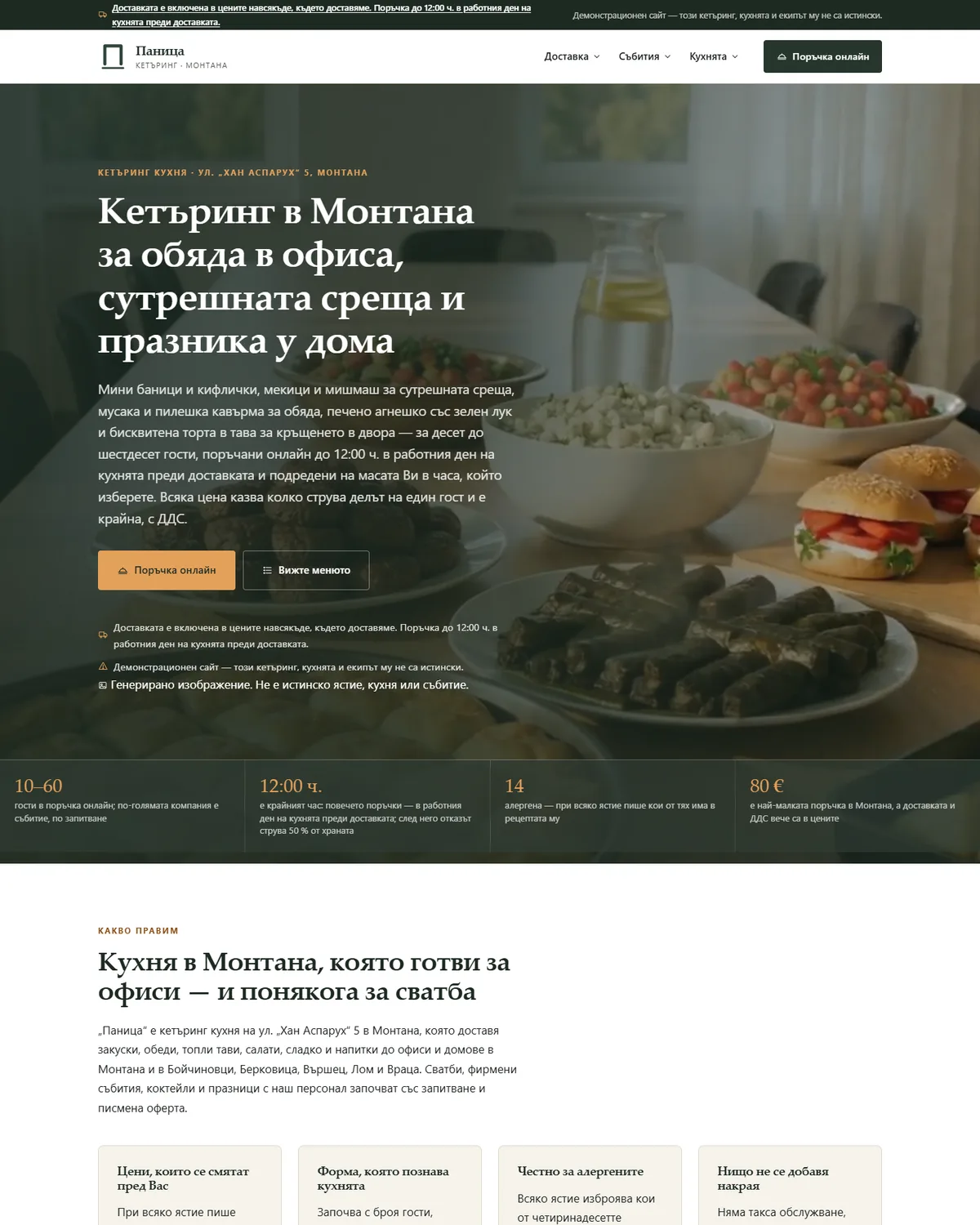 Начална страница от демонстрационния сайт за кетъринг — Кетъринг „Паница“