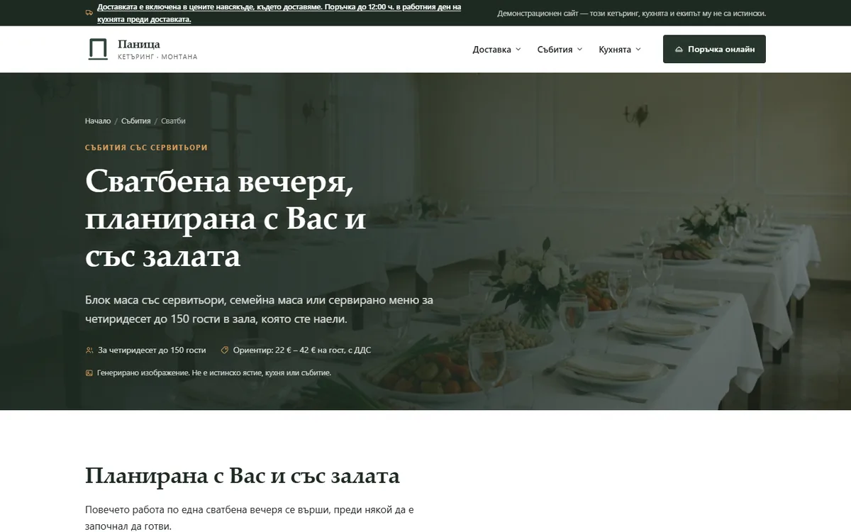 Сватби — запитване, което не задържа нищо от демонстрационния сайт за кетъринг — Кетъринг „Паница“