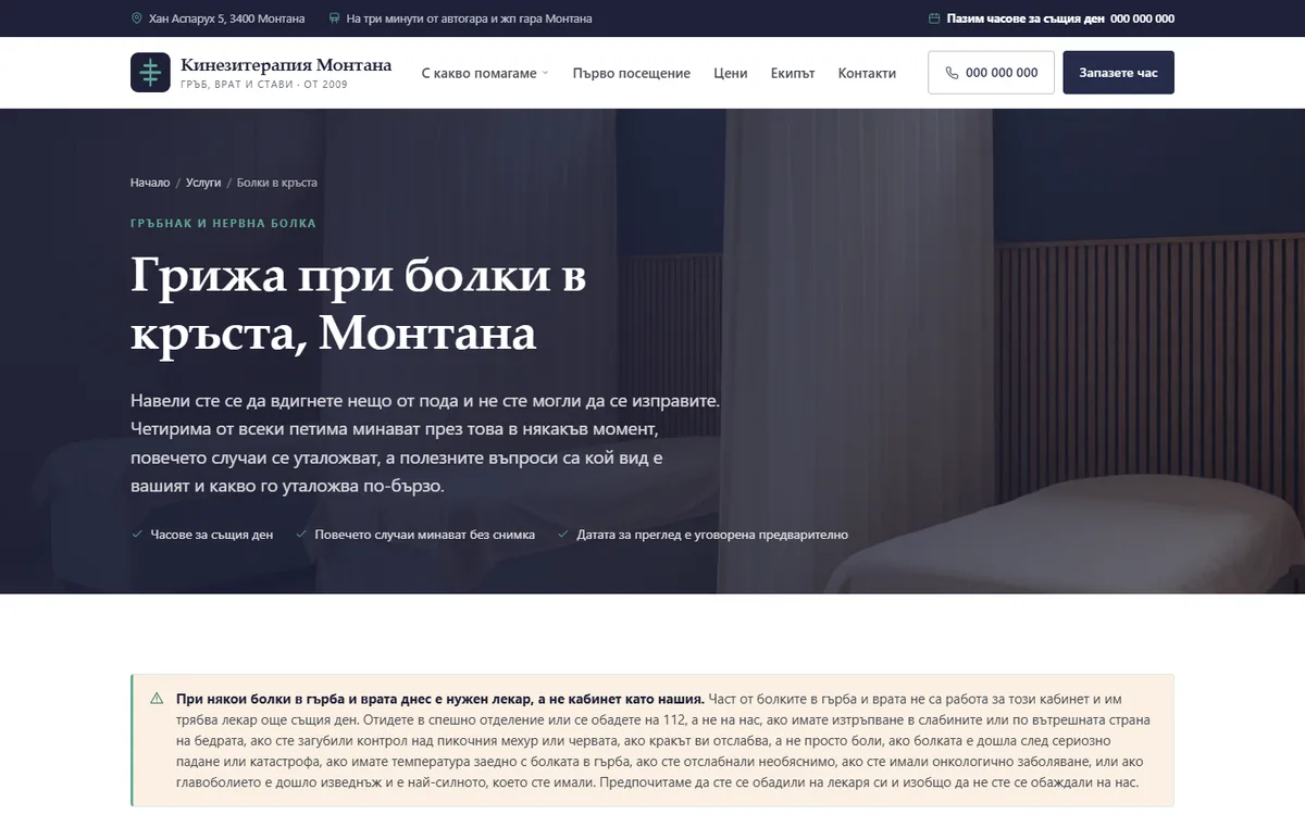 Страница за състояние от демонстрационния сайт за кинезитерапия — Кинезитерапия Монтана