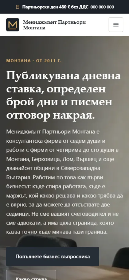 Демонстрационният сайт за бизнес консултант на екран на телефон