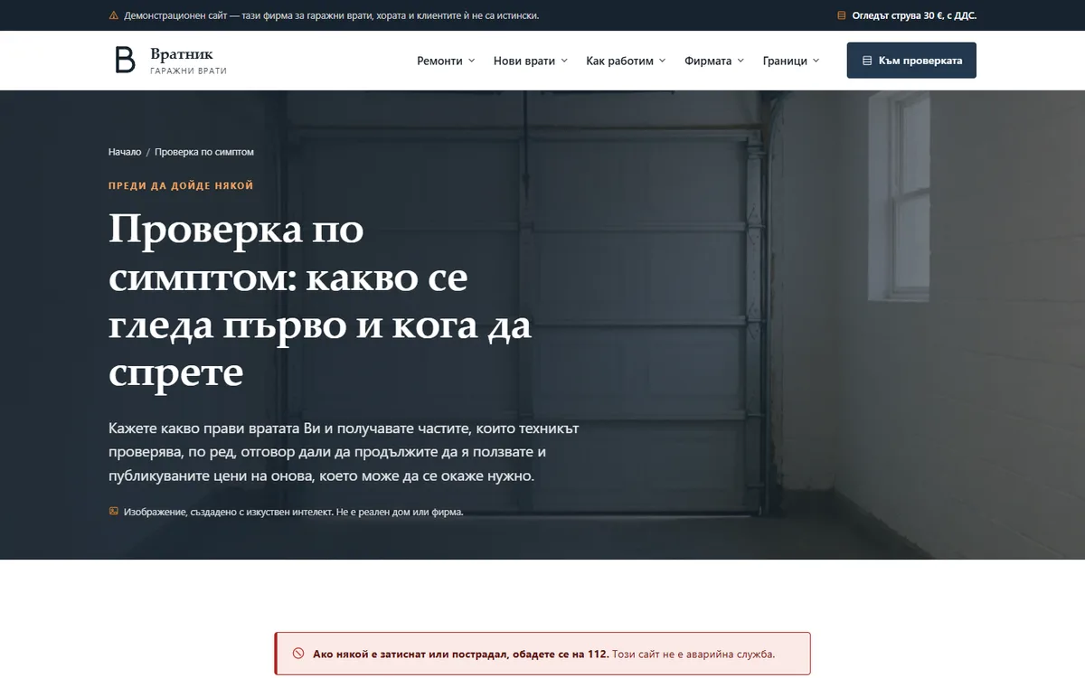 Проверката по симптом — какво се гледа първо и диапазон по цените от демонстрационния сайт за фирма за гаражни врати — Гаражни врати „Вратник“
