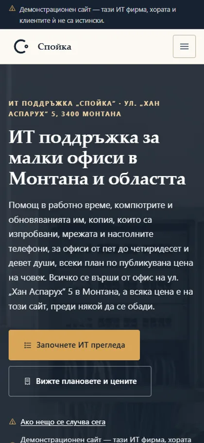 Демонстрационният сайт за фирма за ИТ поддръжка на екран на телефон