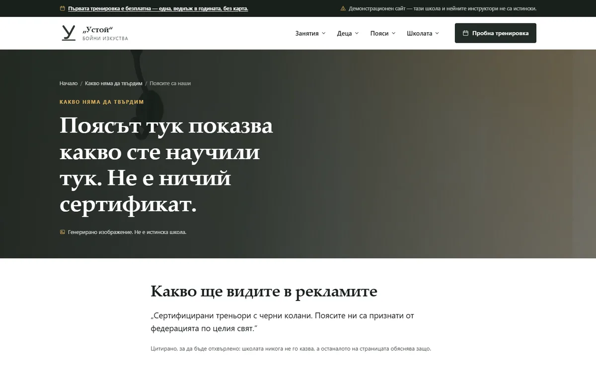 Поясите са наши — без федерация от демонстрационния сайт за школа по бойни изкуства — Школа по бойни изкуства „Устой“