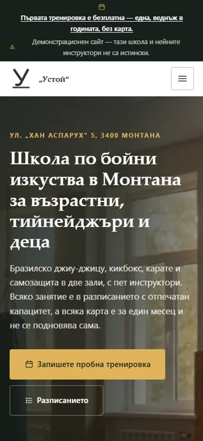 Демонстрационният сайт за школа по бойни изкуства на екран на телефон