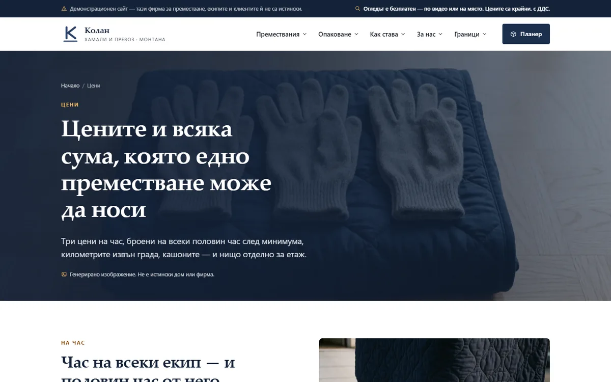 Цените — на час, с ДДС от демонстрационния сайт за фирма за преместване — Колан — хамали и превоз
