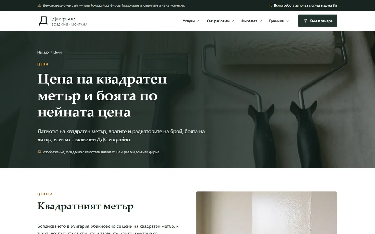 Ценоразписът — на квадратен метър, с ДДС от демонстрационния сайт за бояджийска фирма — Бояджийско студио „Две ръце“