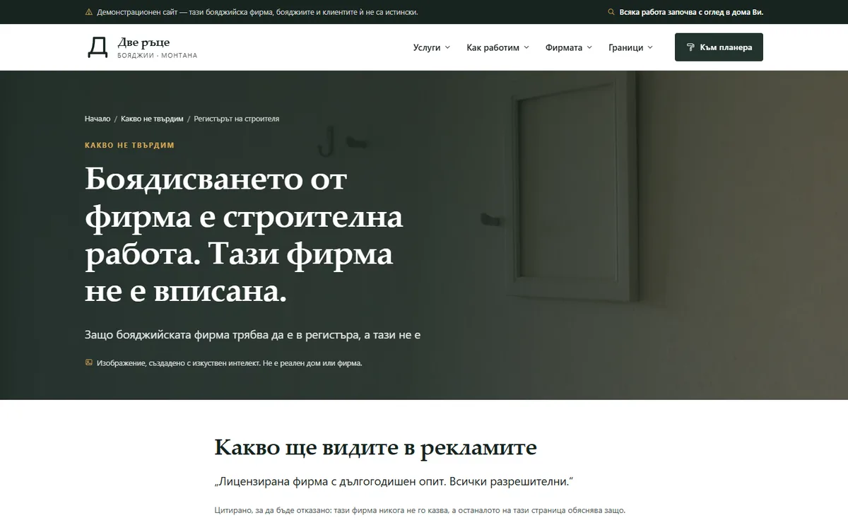 Регистърът на строителя — тази фирма не е вписана от демонстрационния сайт за бояджийска фирма — Бояджийско студио „Две ръце“