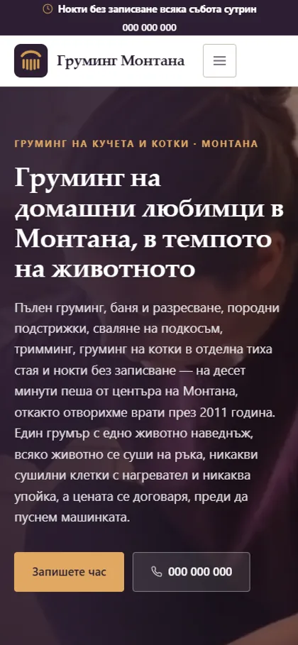 Демонстрационният сайт за груминг салон на екран на телефон