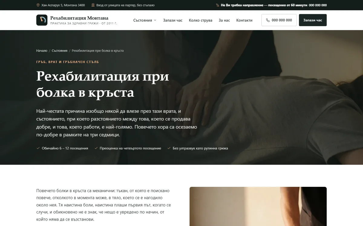 Страница за състояние от демонстрационния сайт за рехабилитация — Рехабилитация Монтана