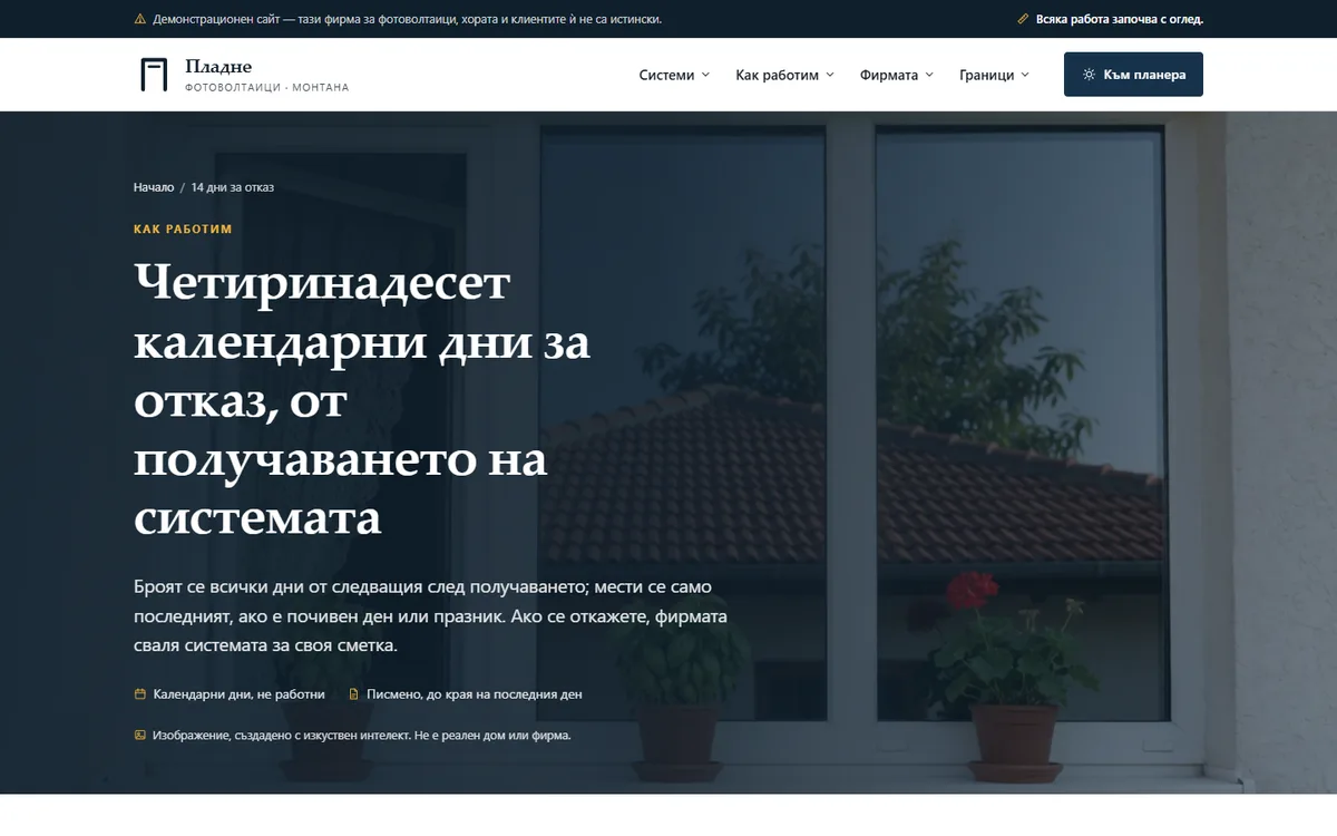 14 дни за отказ — от получаването на системата от демонстрационния сайт за фирма за фотоволтаици — Фотоволтаици „Пладне“