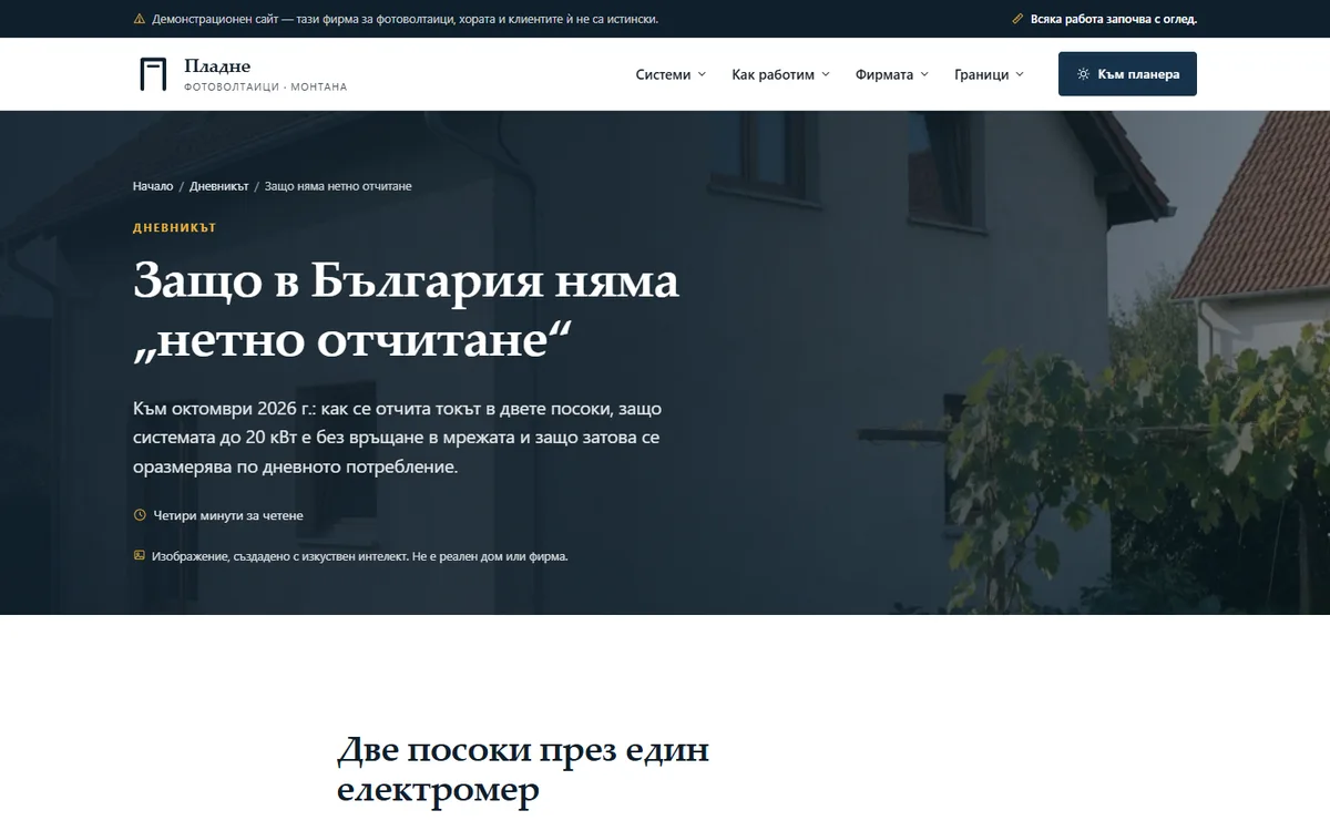 Защо няма нетно отчитане от демонстрационния сайт за фирма за фотоволтаици — Фотоволтаици „Пладне“