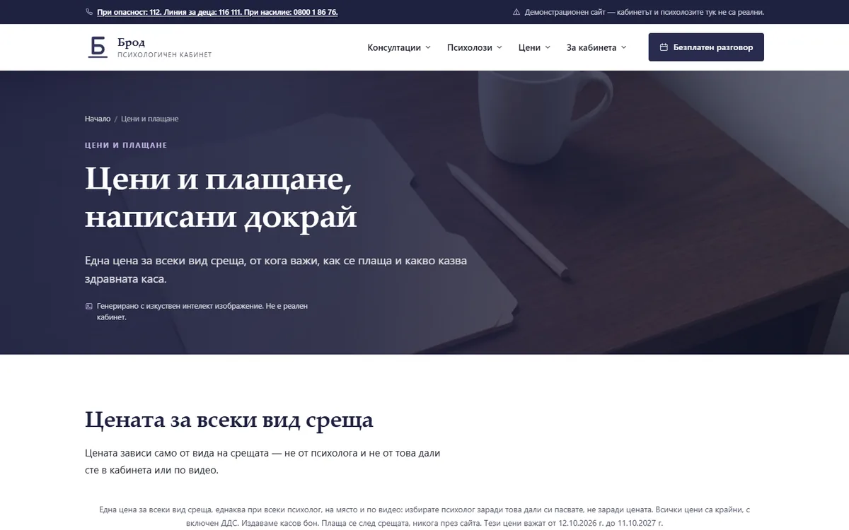 Цени с ДДС — без „от“ и без отстъпки от демонстрационния сайт за психологичен кабинет — Психологичен кабинет „Брод“